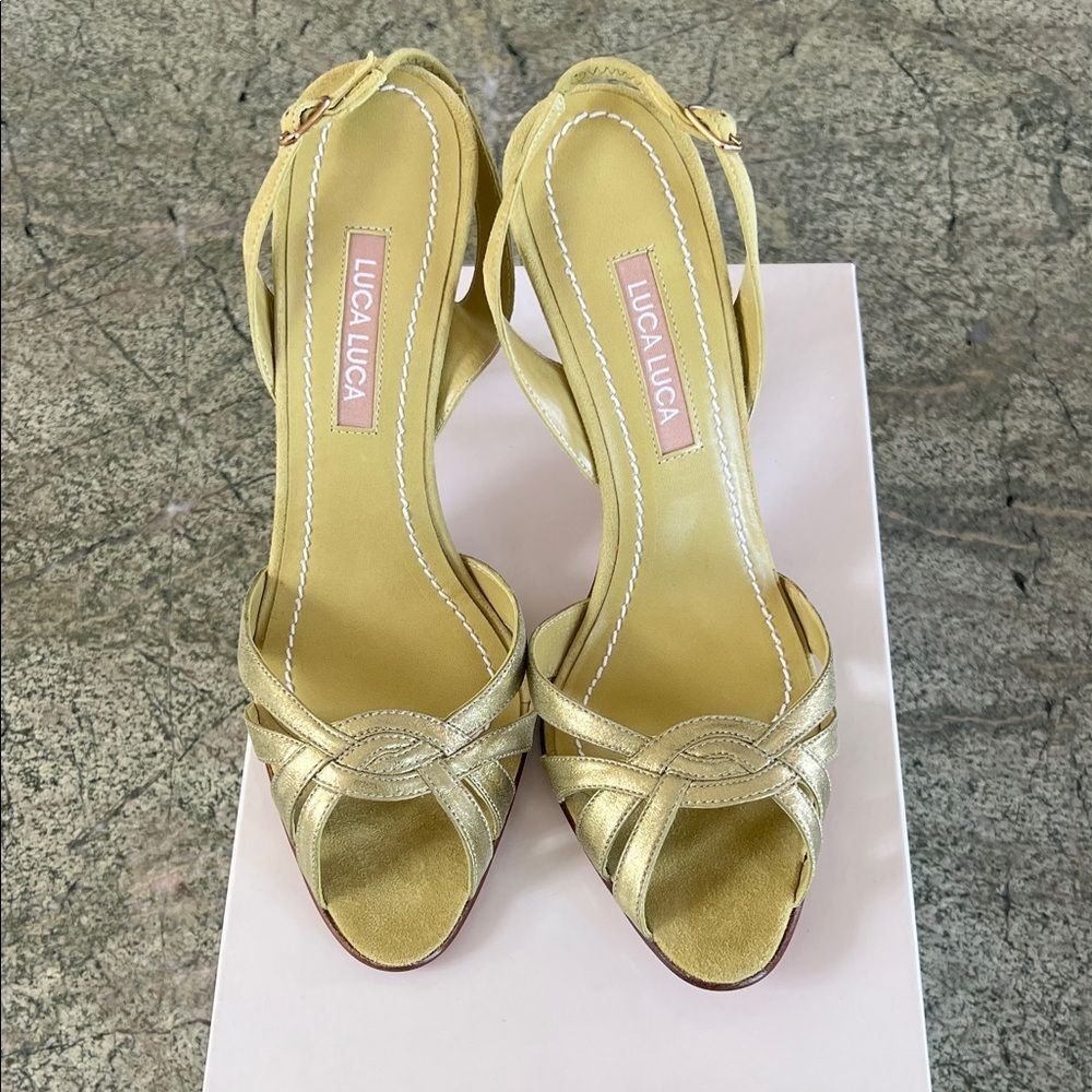 Vintage Lucia Luca lime green Elegant Gold Heeled Sandals 8 - Picture 2 of 5